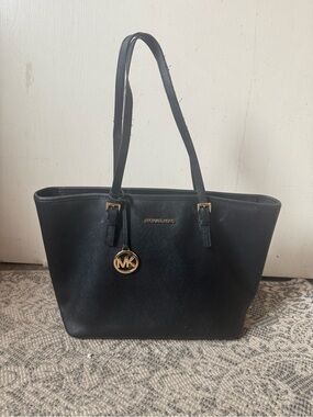 Michael Kors Black Saffiano Leather Tote with Gold MK Charm